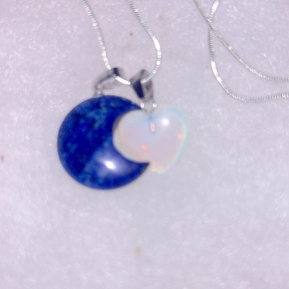 Boho hippie Blue Lapis Lazuli Moon 🌙 & Opal Heart ❤️ Sterling Silver …